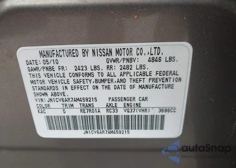 2010 Infiniti G37X from USA, damaged, VIN JN1CV6AR7AM459215